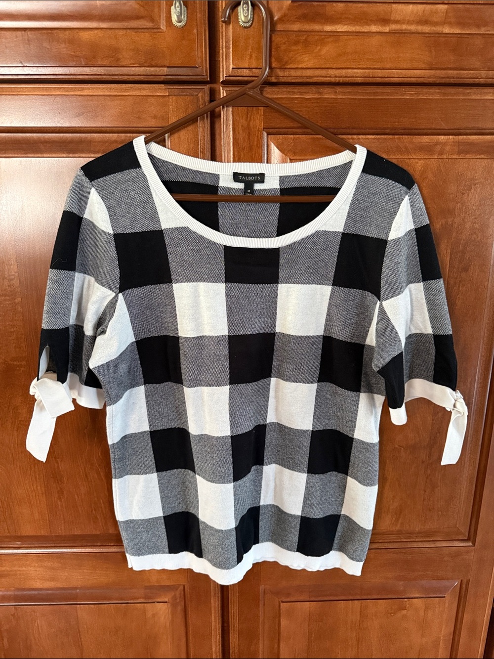 Talbots Black & White Buffalo Check Short Sleeve Tie-Sleeve Top